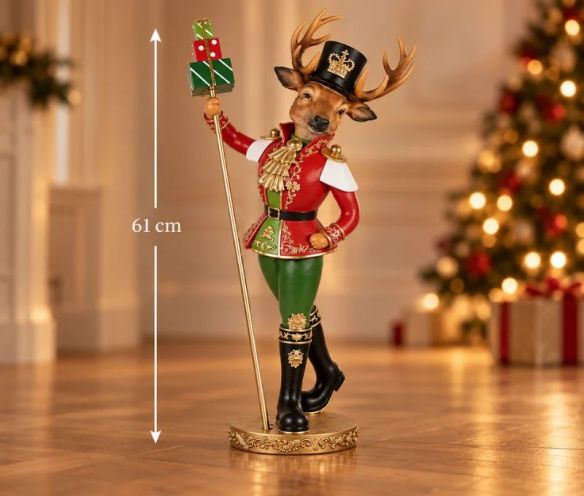 Décoration Noël cerf prestige soldat uniforme rouge doré cadeaux L29 x H61cm