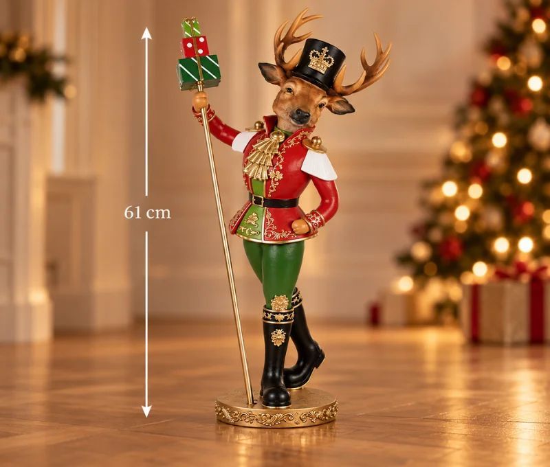 Décoration Noël cerf prestige soldat uniforme rouge doré cadeaux L29 x H61cm