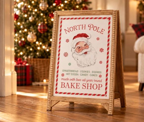 Wood metal standing Christmas sign Santa Bake Shop multicolour L46 x H77cm