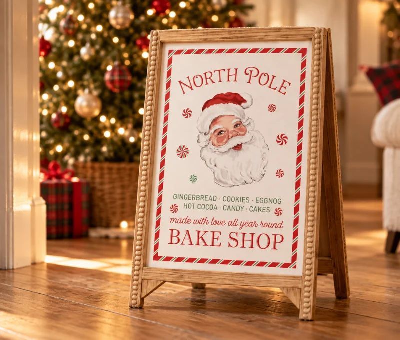 Panneau de Noël sur pied bois métal Père Noël Bake Shop multicolore L46 x H77cm