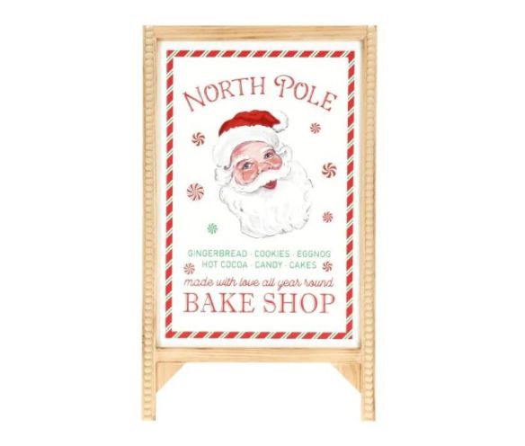 Panneau de Noël sur pied bois métal Père Noël Bake Shop multicolore L46 x H77cm