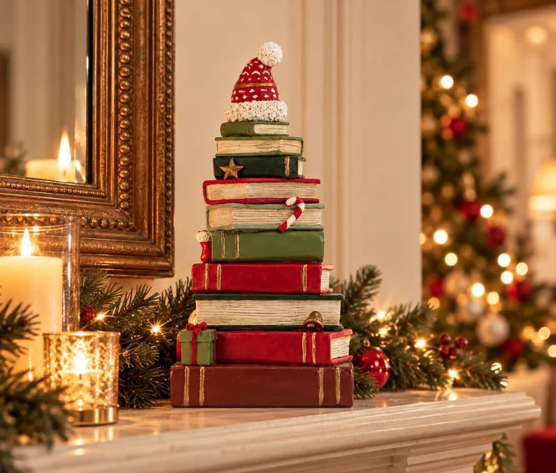 Décoration Noël pile de livres résine bonnet Père Noël étoile canne sucre d'orge L13 x H26cm