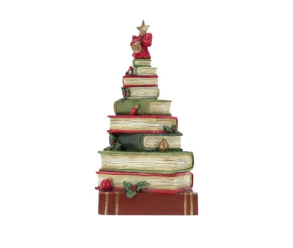 Christmas decoration resin stack of books star bow holly baubles L17 x H33cm