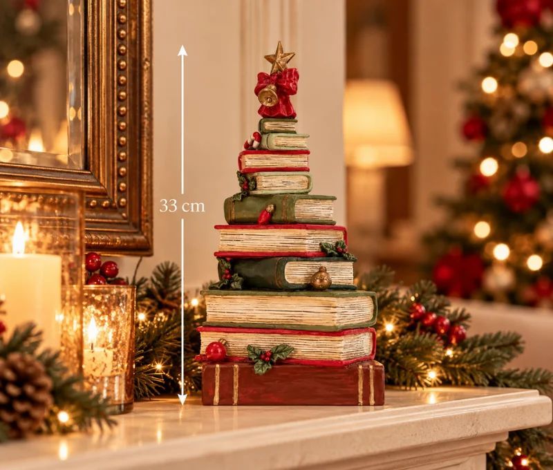 Décoration Noël pile de livres résine étoile nœud houx boules L17 x H33cm