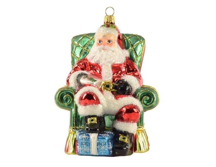 Figurine Père-Noël assis dans son fauteuil verre soufflé H 18cm