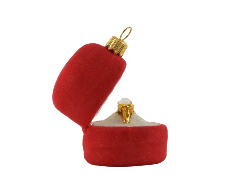 Suspension Noël verre soufflé écrin rouge velours ouvert intérieur blanc pailleté bague fiançailles dorée diamant imitation H8cm