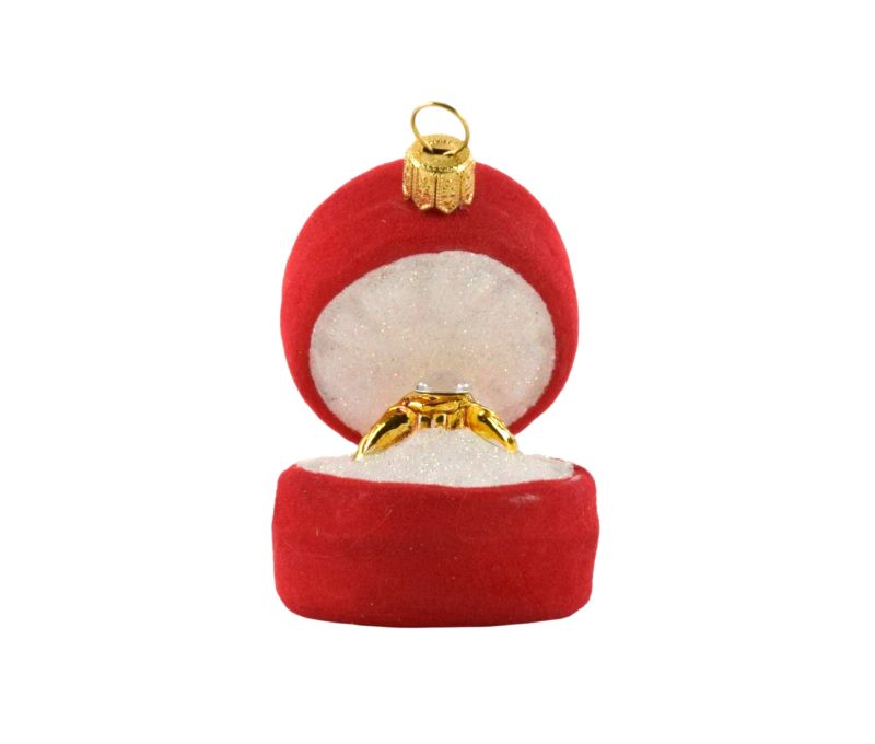 Suspension Noël verre soufflé écrin rouge velours ouvert intérieur blanc pailleté bague fiançailles dorée diamant imitation H8cm