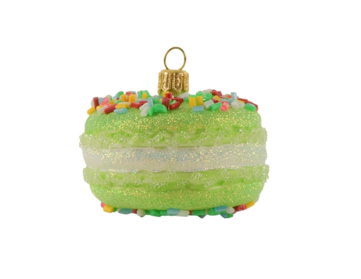 Suspension en verre soufflé macaron vert et blanc vermicelles multicolores H6 cm