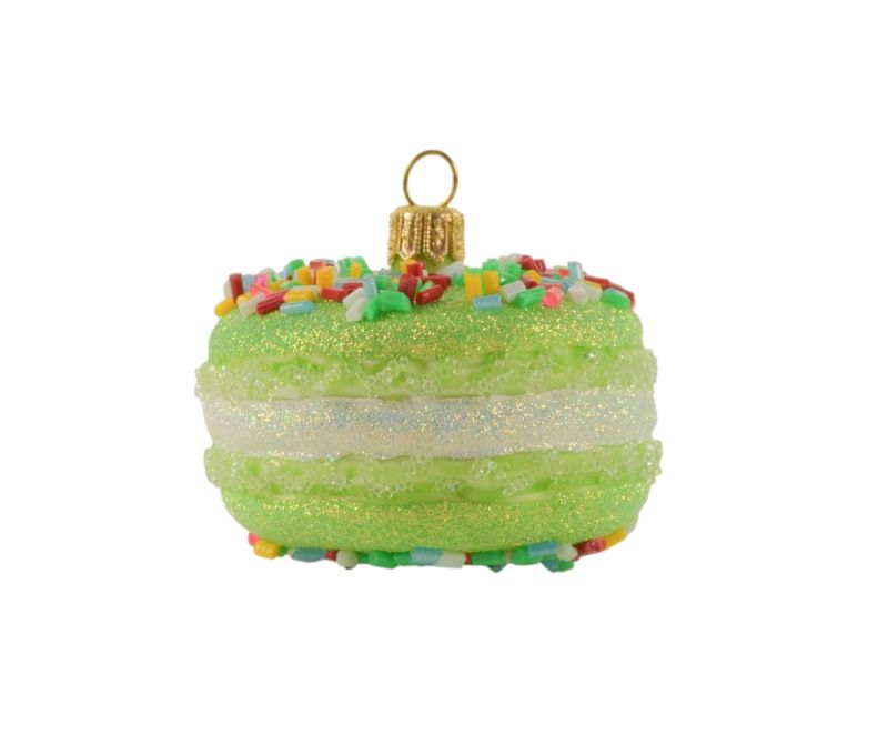 Décoration Noël verre soufflé macaron vert pailleté ganache blanche irisée vermicelles multicolores crochet doré H6cm