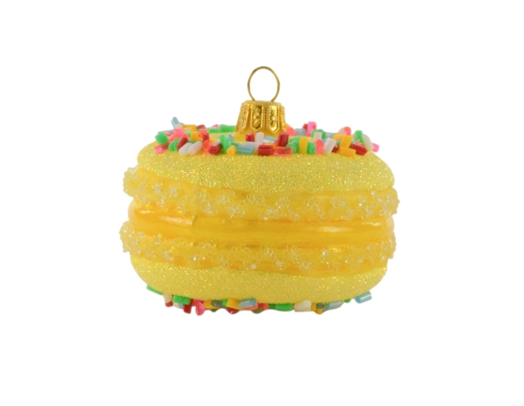Suspension de Noël macaron jaune, verre soufflé. Made in Europe, hauteur : 6cm