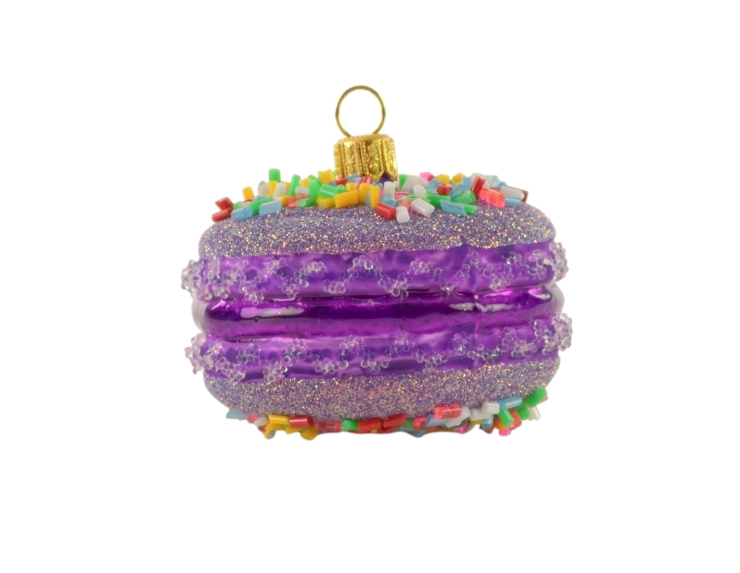 Suspension de Noël macaron mauve en verre soufflé, décoration pour sapin de Noël gourmand. Hauteur 6cm.