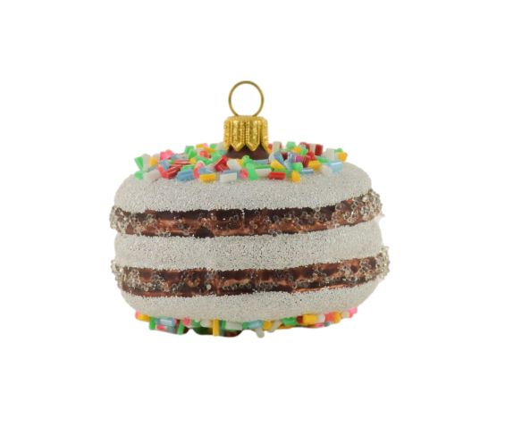 Décoration Noël verre soufflé macaron chocolat brun blanc ganache pépites multicolores H6cm