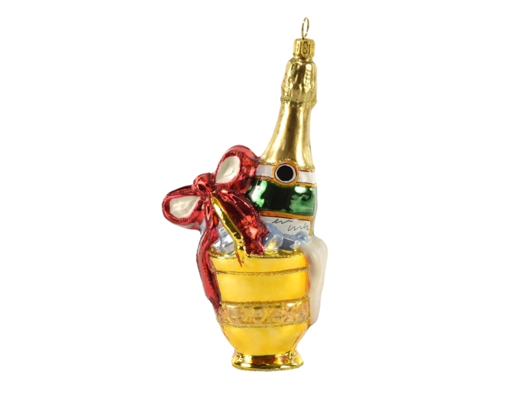 Suspension en verre soufflé seau de champagne avec bouteille pour sapin de Noël H 16cm