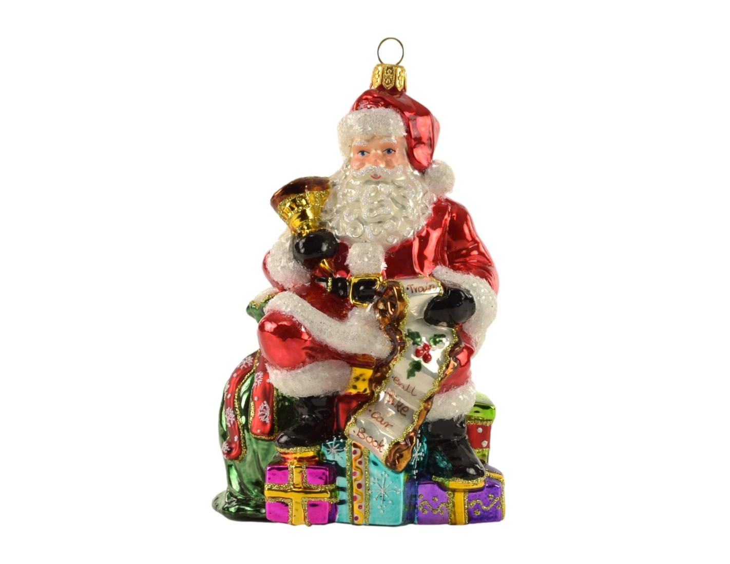 Décoration Père Noël en verre soufflé avec sa liste de cadeaux H 17cm