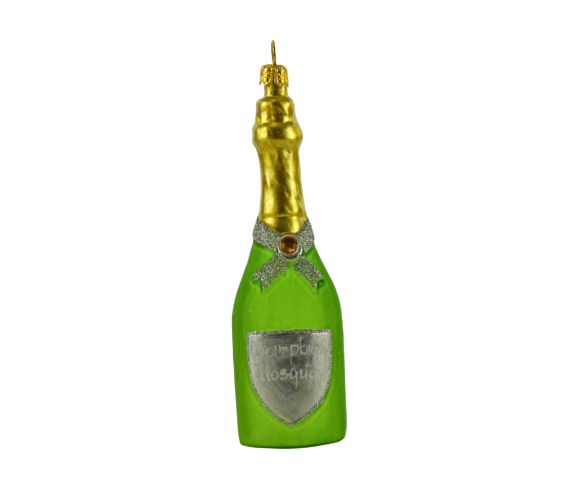 Boule de Noël verre soufflé bouteille champagne verte dorée collerette nœud doré inscription Champagne Lilosquare H13cm