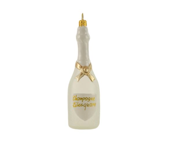 Suspension Noël verre soufflé bouteille champagne blanche givrée col brillant nœud doré H13cm
