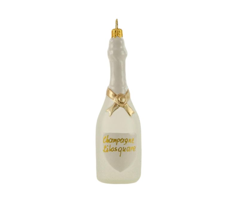 Suspension Noël verre soufflé bouteille champagne blanche givrée col brillant nœud doré H13cm