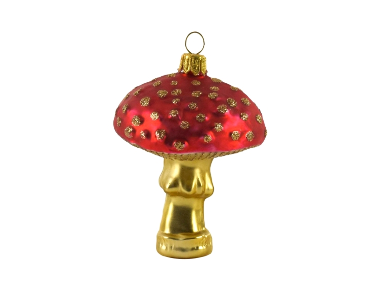 Suspension de Noël champignon rouge et doré en verre soufflé H 9cm