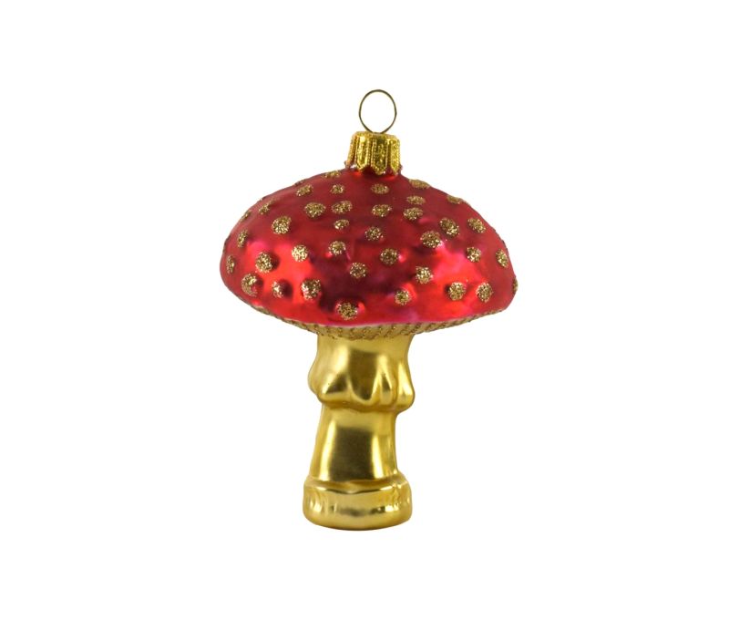 Suspension Noël verre soufflé champignon chapeau rouge pois dorés pailletés tige lamelles dorées brillantes H9cm