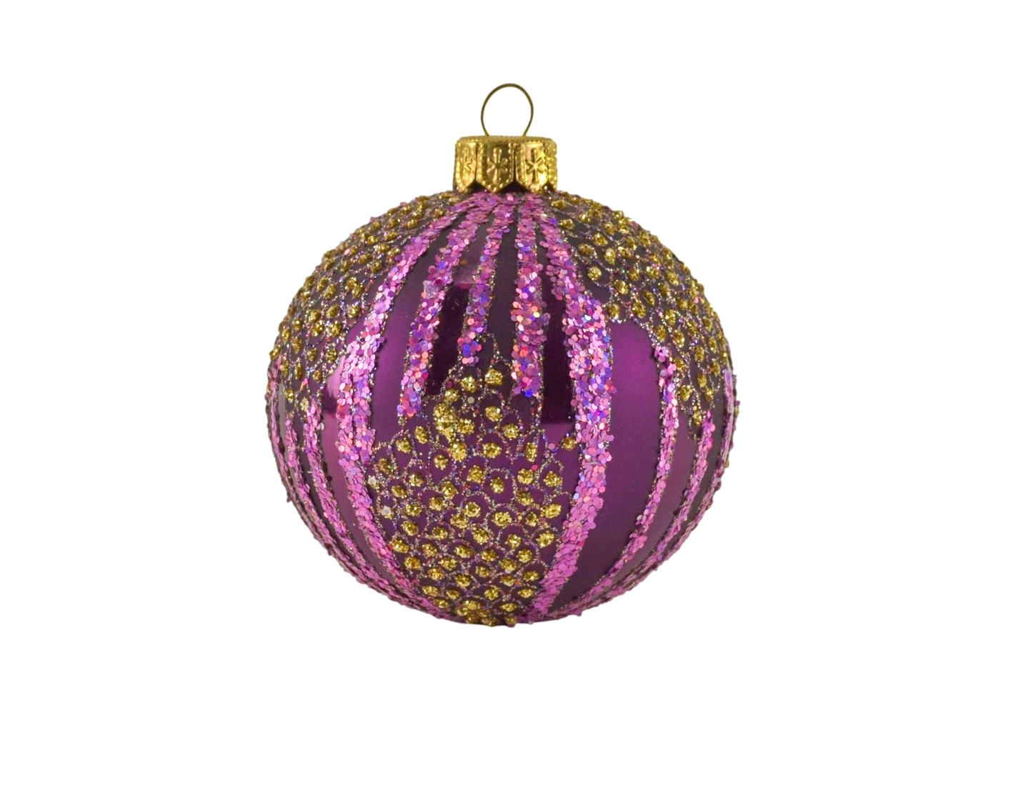 Boule de Noël en verre soufflé mauve avec décor doré brillant. Ø8cm