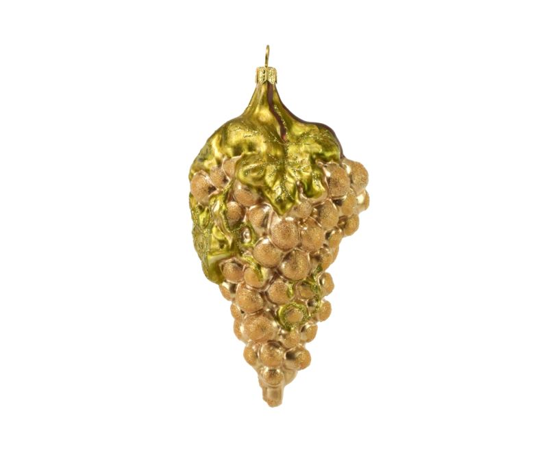 Suspension Noël verre soufflé grappe raisin blanc champagne dorée billes transparentes feuilles vigne vertes H14cm