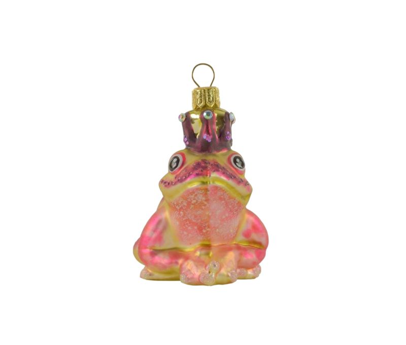 Suspension Noël verre soufflé grenouille vert clair taches roses couronne dorée strass peinte main H8cm