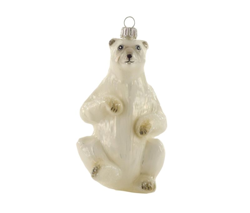 Suspension Noël verre soufflé ours polaire blanc brillant nacré position assise griffes argentées H15cm