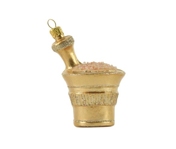 Suspension Noël verre soufflé mortier pilon doré paillettes contenu rosé granuleux capuchon doré H10cm