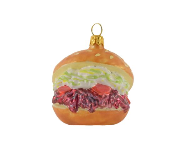Boule de Noël verre soufflé forme hamburger pain doré viande rouge salade sauce blanche capuchon doré H7cm