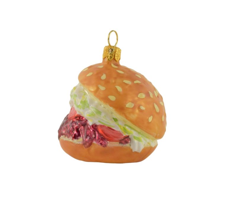 Boule de Noël verre soufflé forme hamburger pain doré viande rouge salade sauce blanche capuchon doré H7cm