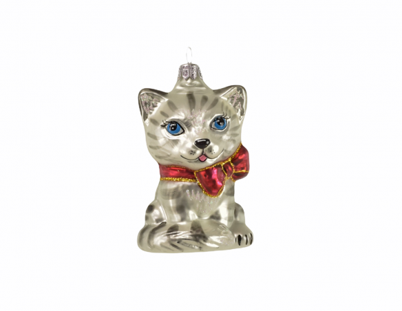 Boule De Noel Petit Chat Tigre Gris Et Blanc En Verre Souffle Peint A La Main H 8cm