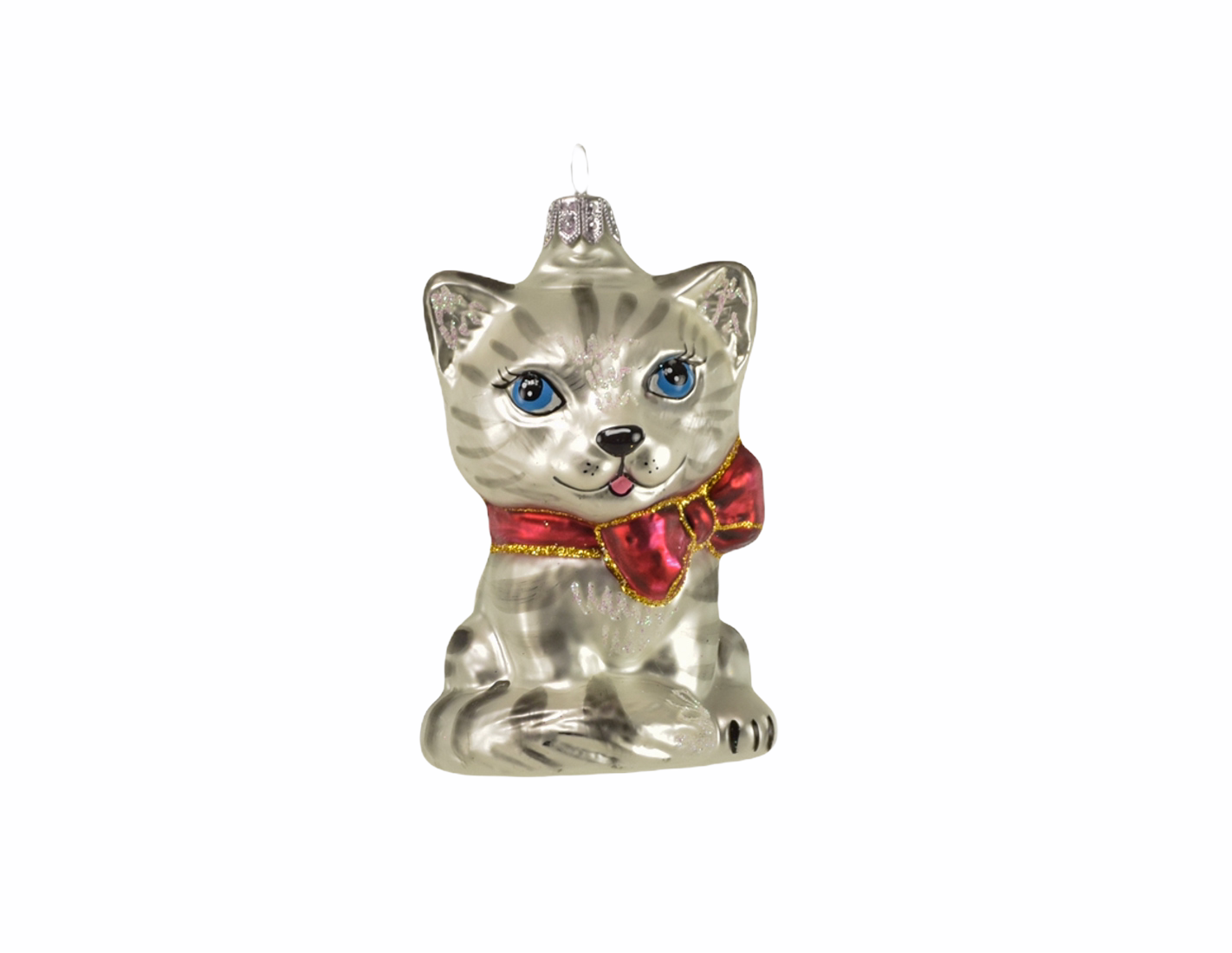 Boule De Noel Petit Chat Tigre Gris Et Blanc En Verre Souffle Peint A La Main H 8cm