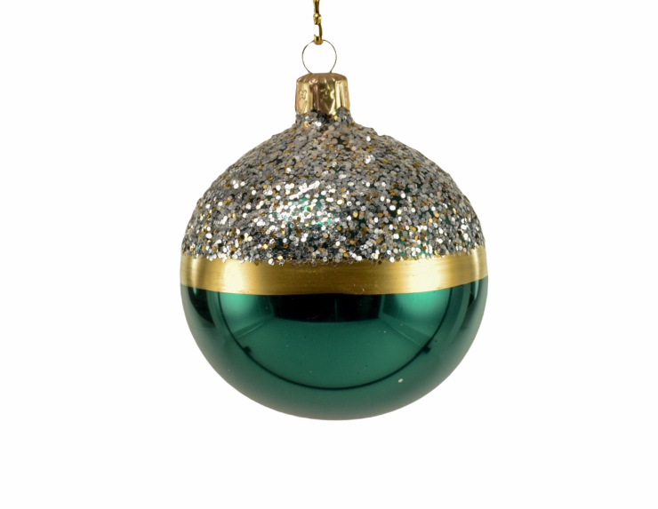 Boule de Noël vert émeraude brillante ligne dorées et paillettes ø 8cm