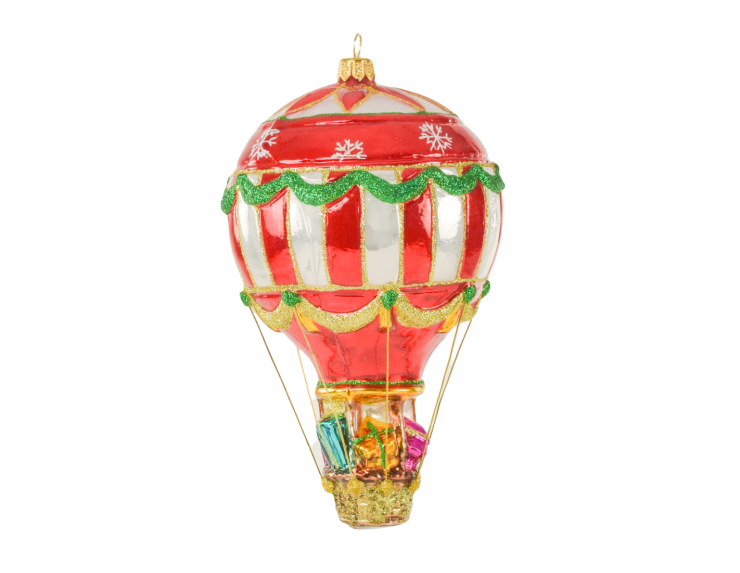 Suspension de Noël montgolfière rouge, blanche et dorée en verre soufflé et peinte à la main. 
Hauteur : 17cm