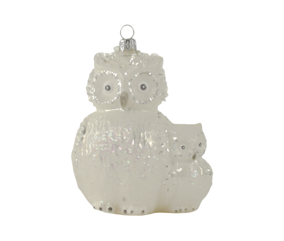 Décoration Noël verre soufflé maman hibou et son petit blanc irisé paillettes argentées H13cm