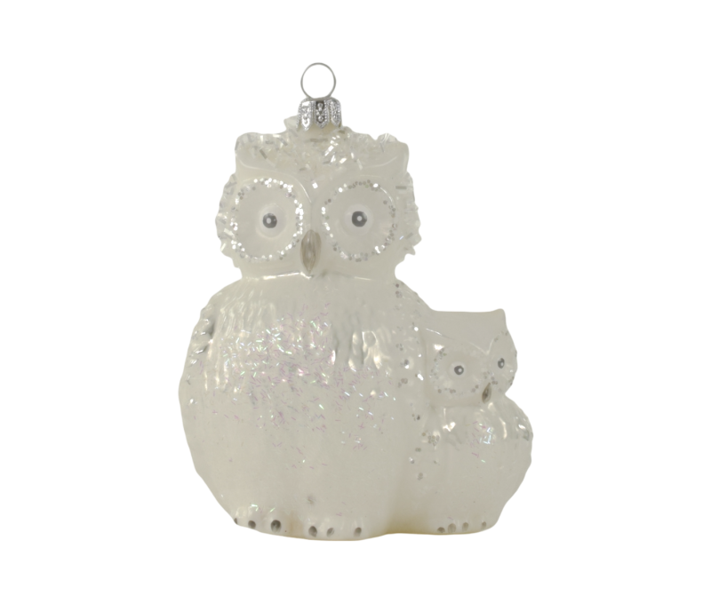 Décoration Noël verre soufflé maman hibou et son petit blanc irisé paillettes argentées H13cm