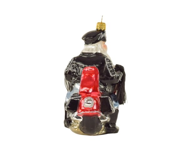 Suspension Noël verre soufflé Père Noël barbe blanche blouson cuir noir casque moto rouge argentée scintillante H10cm