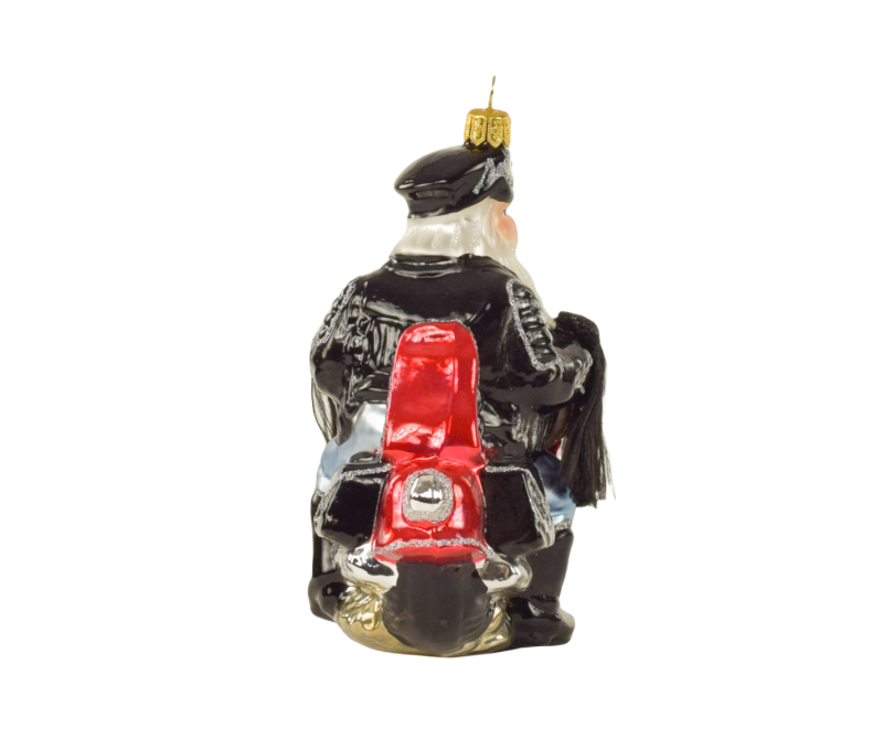 Suspension Noël verre soufflé Père Noël barbe blanche blouson cuir noir casque moto rouge argentée scintillante H10cm