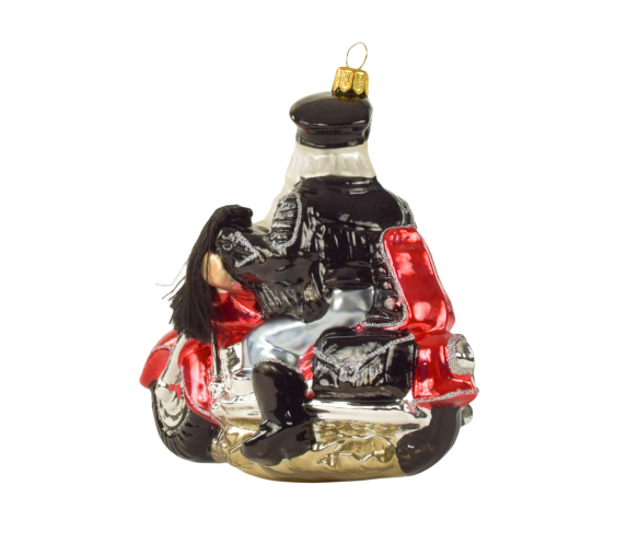 Suspension Noël verre soufflé Père Noël barbe blanche blouson cuir noir casque moto rouge argentée scintillante H10cm