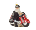 Voir la slide Suspension Noël verre soufflé Père Noël barbe blanche blouson cuir noir casque moto rouge argentée scintillante H10cm