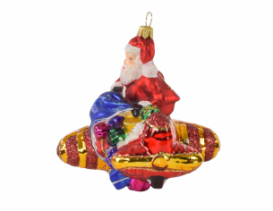 Suspension Père Noël en avion avec cadeaux verre soufflé