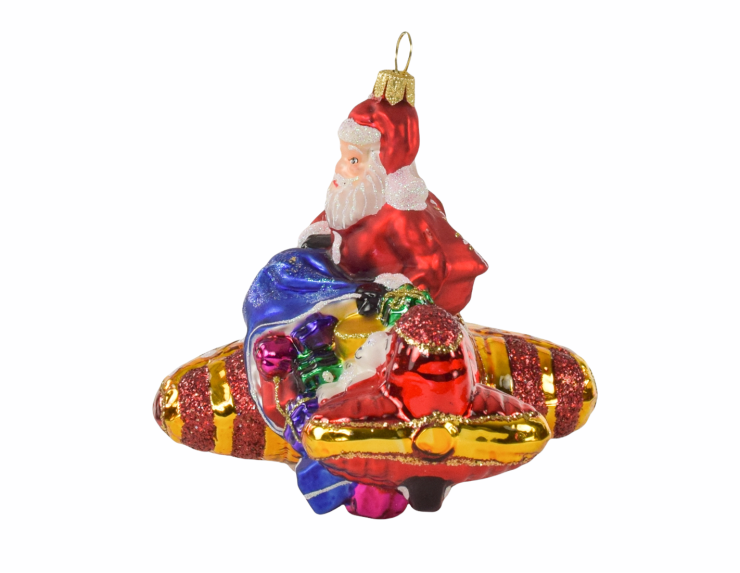 Suspension Père Noël en avion avec cadeaux verre soufflé
