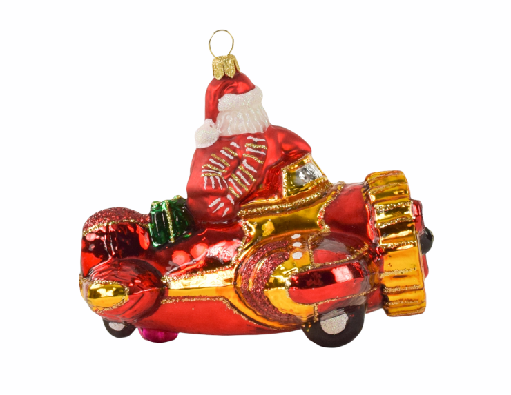 Suspension Père Noël en avion avec cadeaux verre soufflé