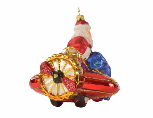 Suspension Père Noël en avion avec cadeaux verre soufflé
