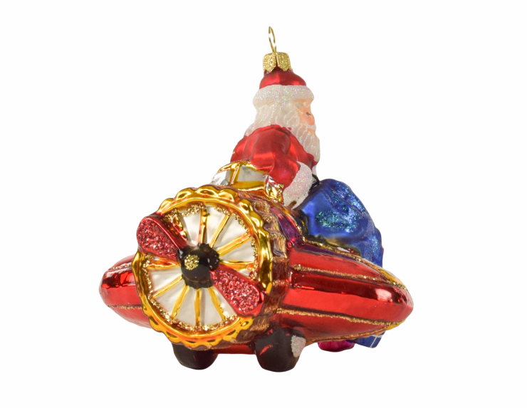 Suspension Père Noël en avion avec cadeaux verre soufflé