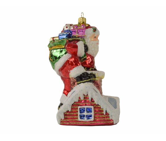 Suspension Noël verre soufflé Père Noël rouge hotte cadeaux colorés descend cheminée brique toit blanc enneigé pailleté H18cm