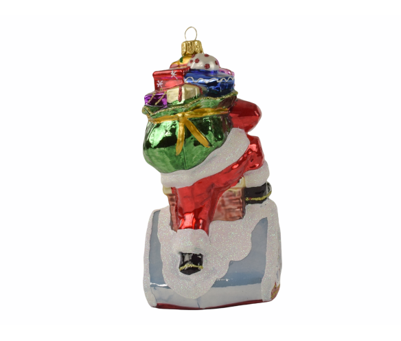 Suspension Noël verre soufflé Père Noël rouge hotte cadeaux colorés descend cheminée brique toit blanc enneigé pailleté H18cm