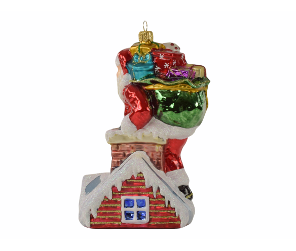 Suspension Noël verre soufflé Père Noël rouge hotte cadeaux colorés descend cheminée brique toit blanc enneigé pailleté H18cm
