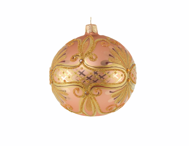 Boule de Noël en verre soufflé rose poudré motifs baroques dorés avec 