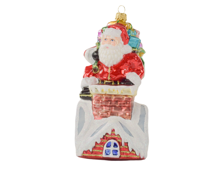 Boule de Noël Père Noël avec cadeaux sur cheminée H 18cm